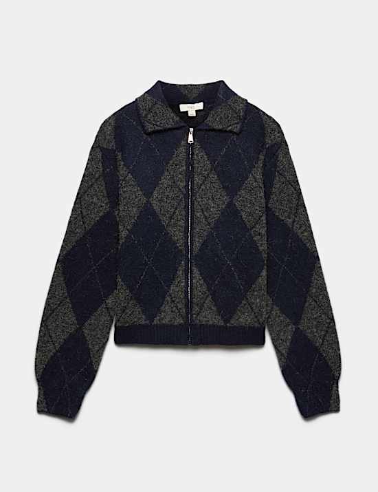 Argyle Collared Zip Up Knitted Jacket With Wool