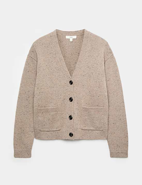 Cardigan en laine m&eacute;lang&eacute;e textur&eacute;e &agrave; col en V et fermeture avant boutonn&eacute;e