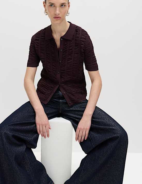 Textured Collared Fitted Cardigan