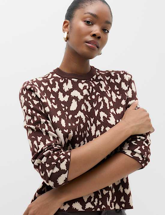 Animal Print Crew Neck Relaxed Jumper with Wool