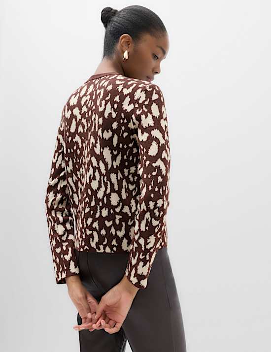 Animal Print Crew Neck Relaxed Jumper with Wool