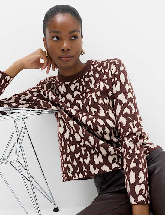 Animal Print Crew Neck Relaxed Jumper with Wool