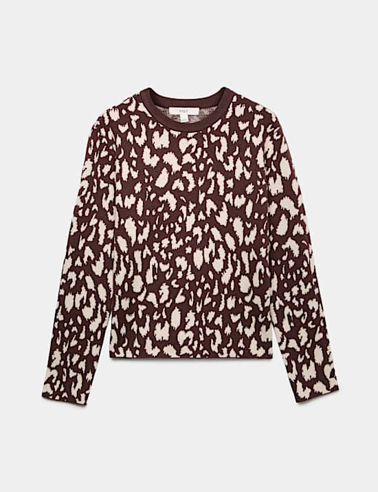 Animal Print Crew Neck Relaxed Jumper with Wool