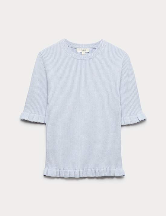 Top en maille c&ocirc;tel&eacute;e &agrave; d&eacute;tail jabot