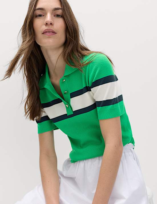 Striped Collared Slim Fit Knitted Top