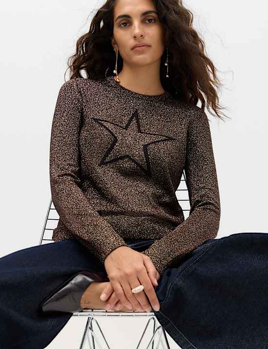 Rayon Rich Sparkly Star Crew Neck Fitted Jumper