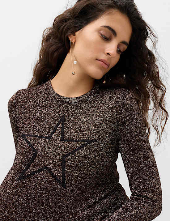 Rayon Rich Sparkly Star Crew Neck Fitted Jumper