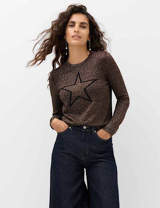 Rayon Rich Sparkly Star Crew Neck Fitted Jumper