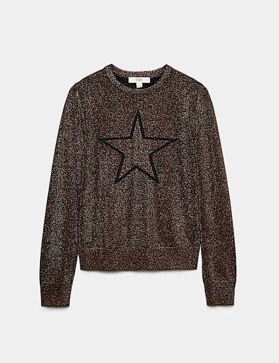 Rayon Rich Sparkly Star Crew Neck Fitted Jumper