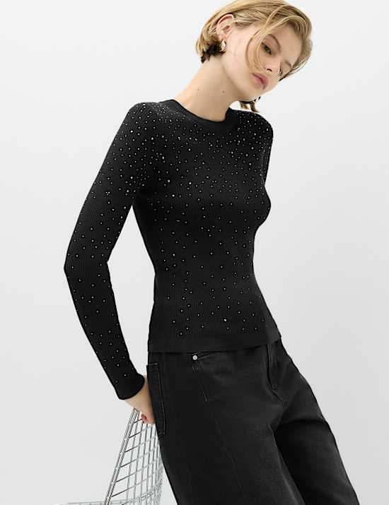 Rayon Rich Embellished Crew Neck Fitted Jumper