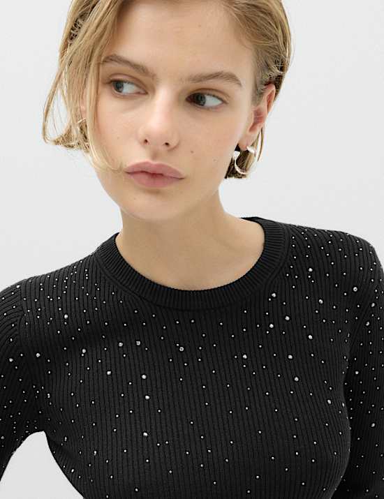 Rayon Rich Embellished Crew Neck Fitted Jumper