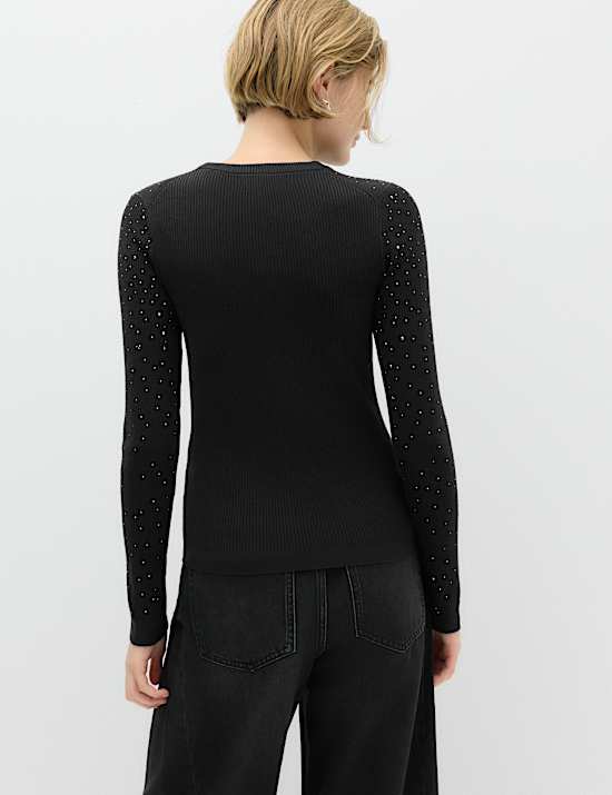 Rayon Rich Embellished Crew Neck Fitted Jumper