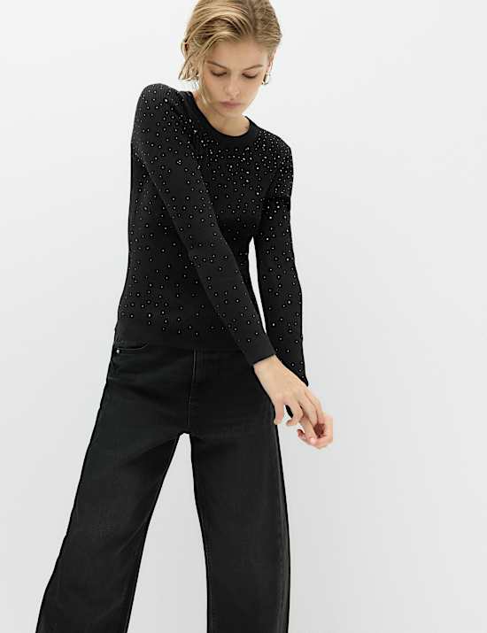 Rayon Rich Embellished Crew Neck Fitted Jumper