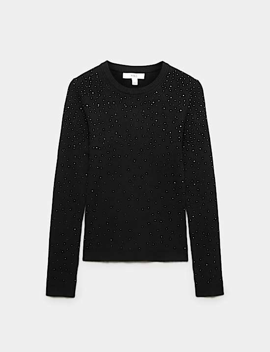 Rayon Rich Embellished Crew Neck Fitted Jumper