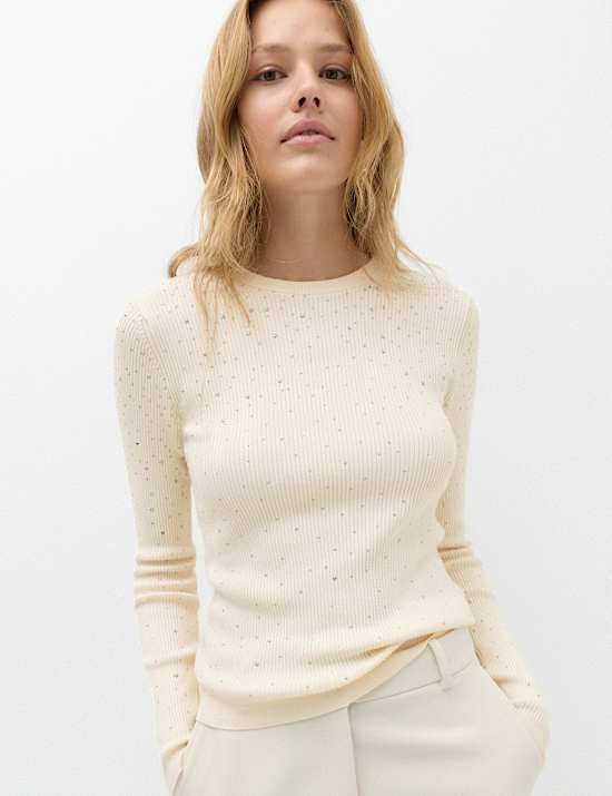 Rayon Rich Embellished Crew Neck Fitted Jumper