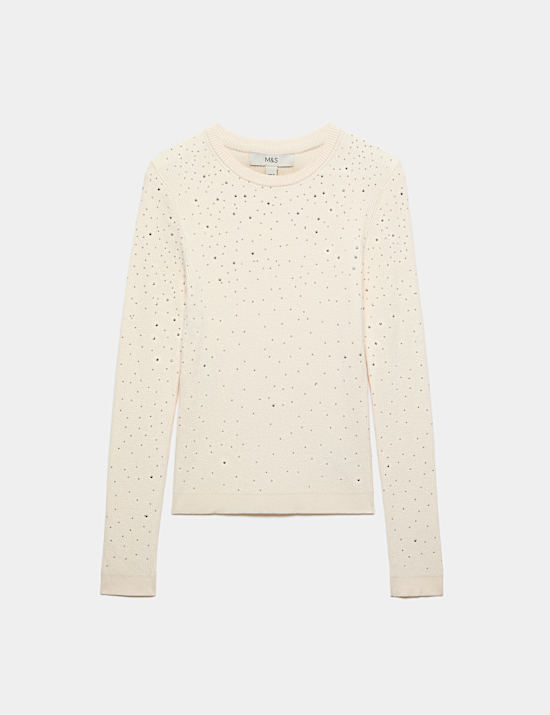 Rayon Rich Embellished Crew Neck Fitted Jumper