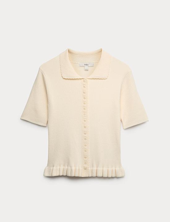 Ribbed Frill Detail Collared Cardigan