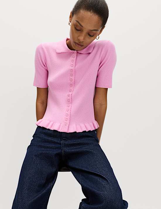 Ribbed Frill Detail Collared Cardigan