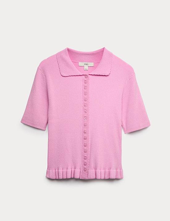 Ribbed Frill Detail Collared Cardigan