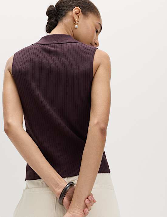 Ribbed Collared Slim Fit Knitted Top