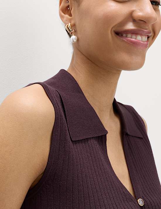 Ribbed Collared Slim Fit Knitted Top