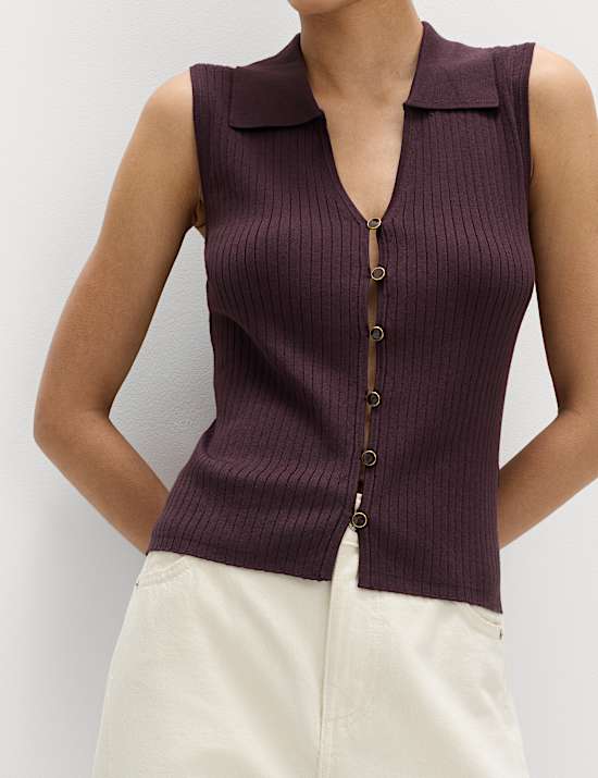 Ribbed Collared Slim Fit Knitted Top