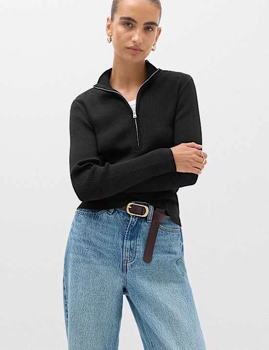 Ribbed Textured Half Zip Fitted Knitted Top