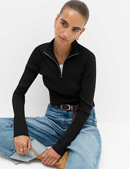 Ribbed Textured Half Zip Fitted Knitted Top