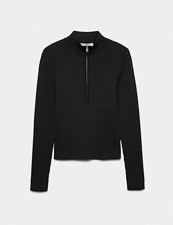 Ribbed Textured Half Zip Fitted Knitted Top