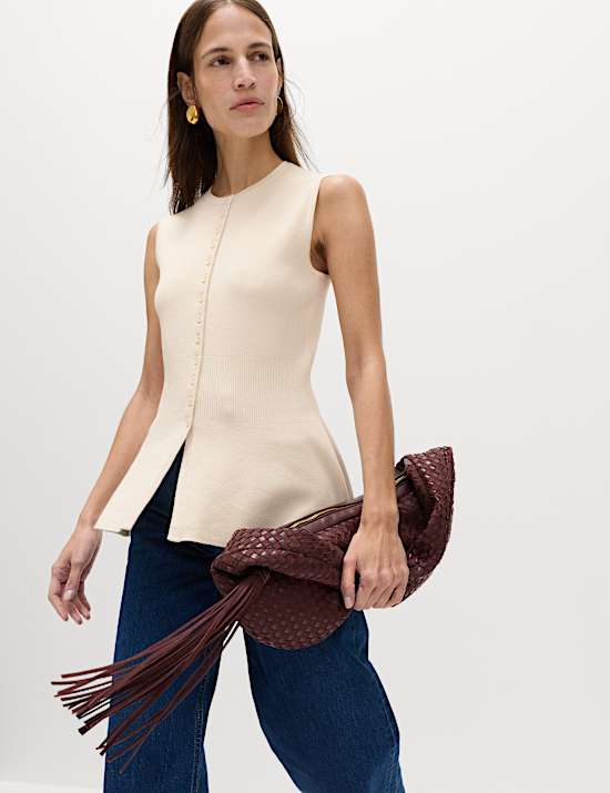 Ribbed Peplum Waisted Knitted Waistcoat