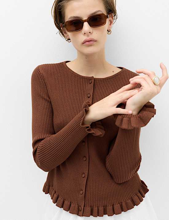 Ribbed Frill Detail Slim Fit Cardigan