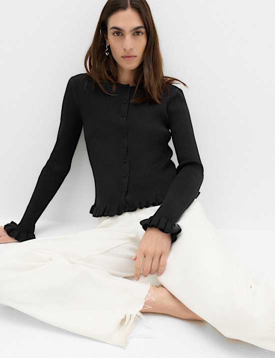 Ribbed Frill Detail Slim Fit Cardigan
