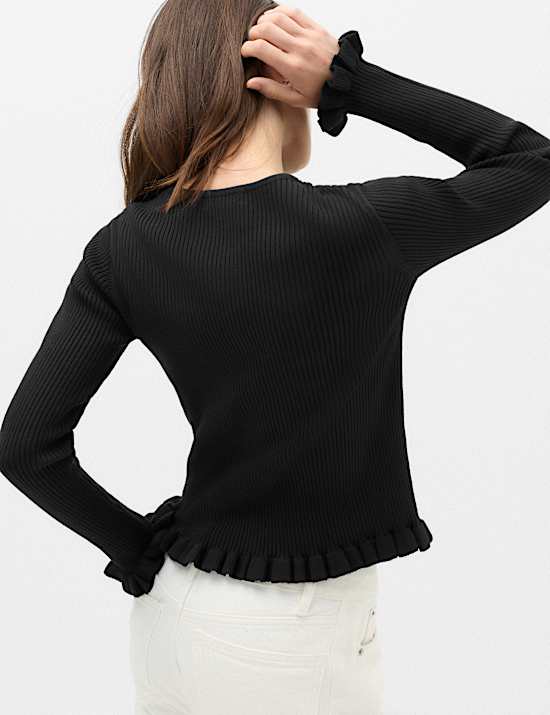 Ribbed Frill Detail Slim Fit Cardigan
