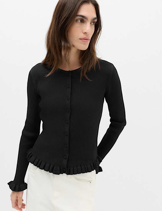 Ribbed Frill Detail Slim Fit Cardigan