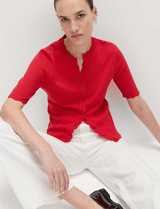 Ribbed Scallop Edge Slim Fit Cardigan