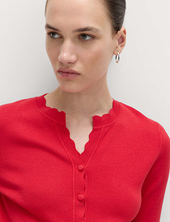 Ribbed Scallop Edge Slim Fit Cardigan