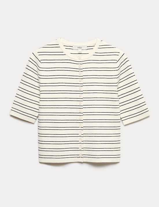 Cardigan court &agrave; col rond et rayures