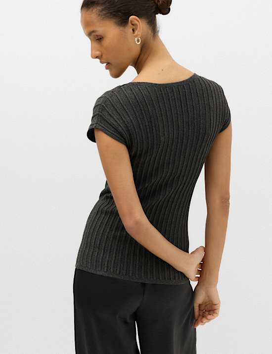 Ribbed Slash Neck Fitted Knitted Top
