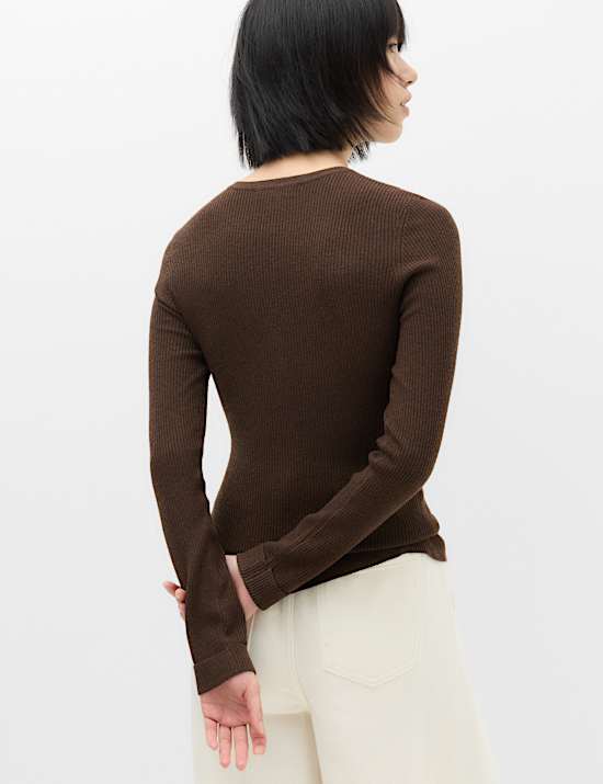 Ribbed Round Neck Fitted Knitted Top With Wool