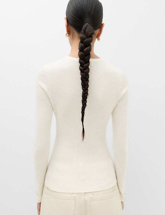 Ribbed Round Neck Fitted Knitted Top With Wool