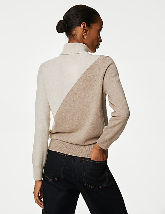 Pure Cashmere Colour Block Roll Neck Jumper
