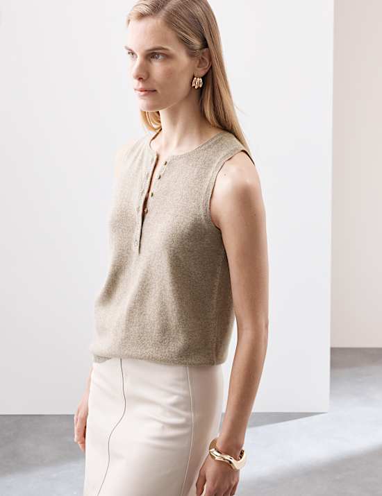 Pure Cashmere Button Detail Fitted Knitted Vest