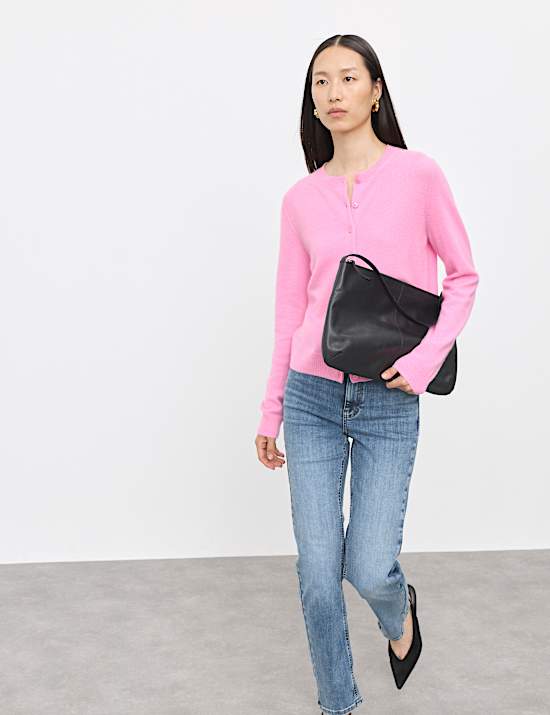 Cardigan coupe d&eacute;contract&eacute;e 100 % cachemire &agrave; col rond