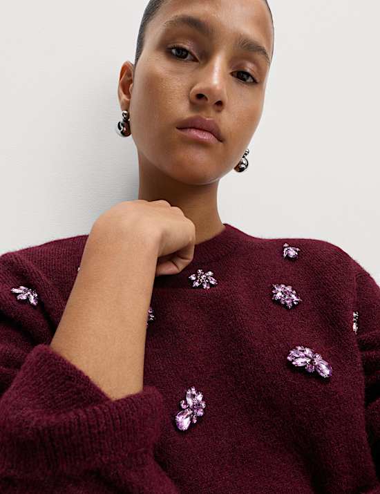 Gem Embellished Relaxed Jumper With Wool