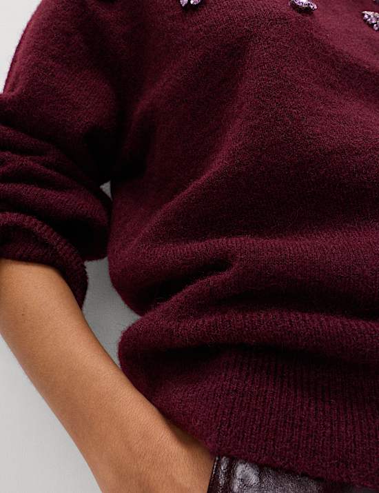 Gem Embellished Relaxed Jumper With Wool