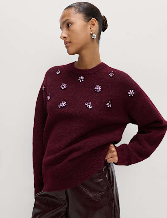 Gem Embellished Relaxed Jumper With Wool