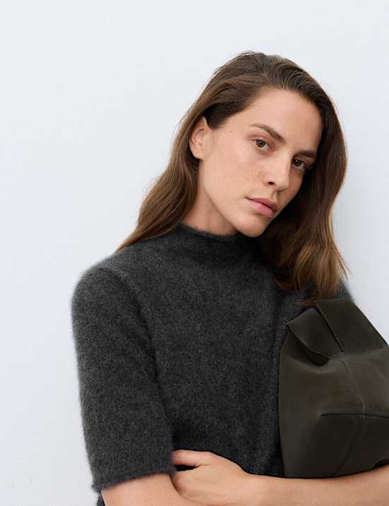 Brushed Pure Cashmere Funnel Neck Knitted Top