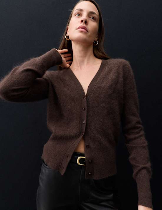 Brushed Pure Cashmere V Neck Slim Cardigan