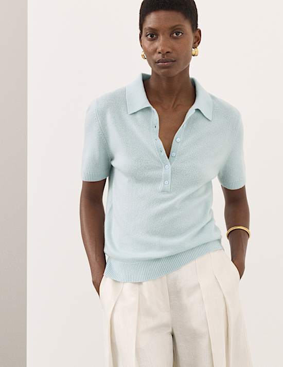 חולצה סרוגה עם צווארון פולו מבד עשיר בצמר מרינו ובשילוב קשמיר