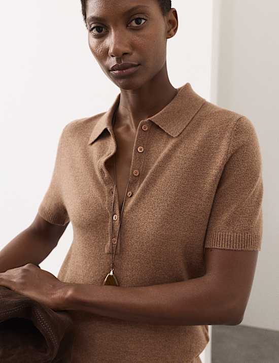 Merino Wool Rich Polo Neck Knitted Top with Cashmere